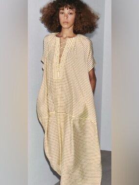 NWT Zara Striped Lace-Up Caftan Dress - S